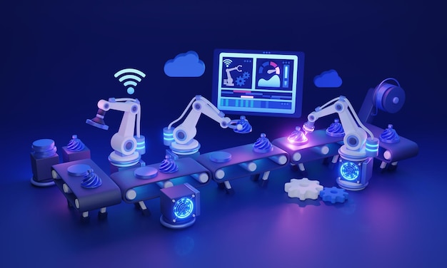 Correias transportadoras de fábrica inteligentes e ilustração 3D da linha de produção automática