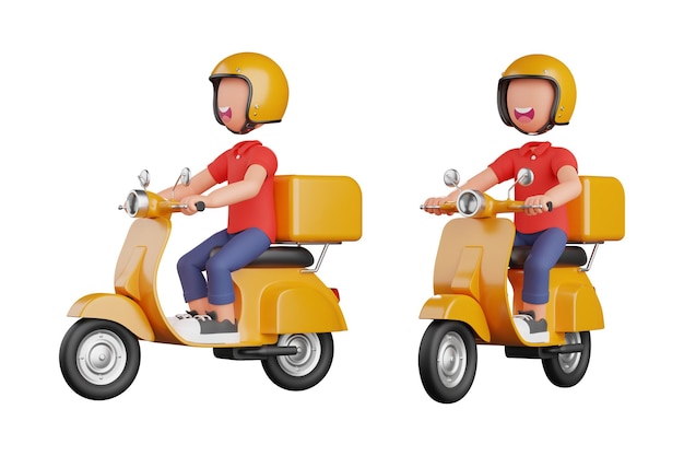 Correio andando de moto amarela com ilustração de renderização 3d de pose feliz