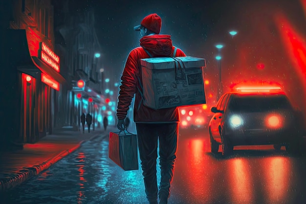 Correio solitário andando pela rua à noite com entrega de comida criada com IA generativa