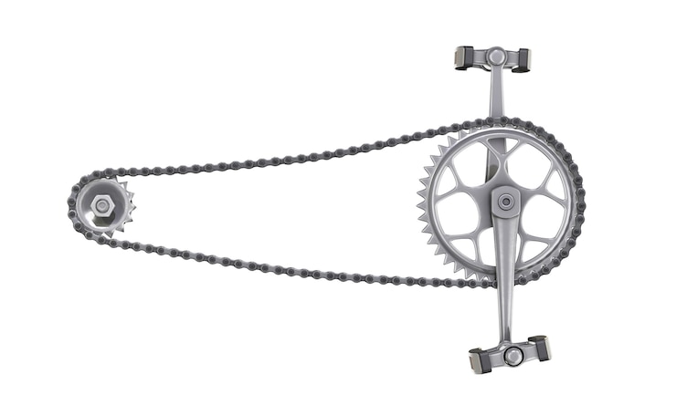 Foto corrente de bicicleta com vista frontal de pedais isolada no branco. renderização 3d.