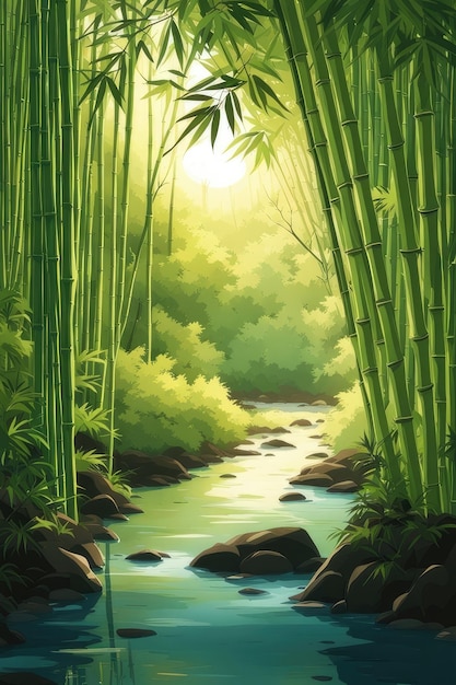Foto corrente em uma floresta de bambu ao nascer do sol ilustração de fundo