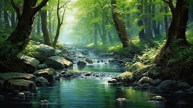 Corrente florestal com águas cristalinas fluindo suavemente através da floresta tranquila Natures serenidade corrente clara beleza prístina ambiente sereno gerado por IA