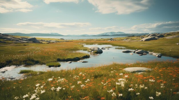 Corrente serena em áreas gramíneas Paisagens desoladas inspiradas em terrenos com vistas marinhas detalhadas