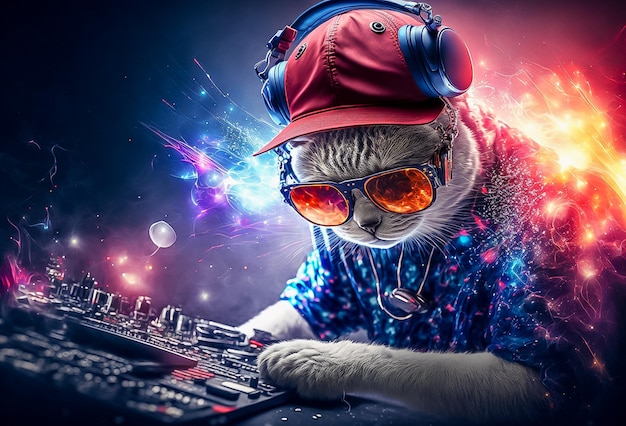 Corrente usando gato DJ balançando o palco com luzes coloridas geradas por IA