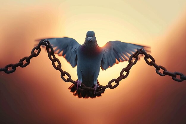 Foto correntes desfeitas a sombra do pombo escapa simbolizando a liberdade na luz da manhã