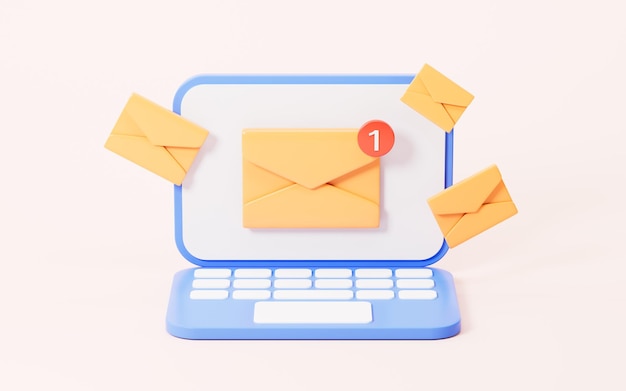 El correo electrónico y la computadora portátil en el fondo amarillo comprueban la representación del correo electrónico en 3D