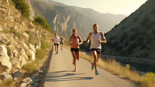 Correr carretera de montaña y pareja de amigos entrenando para deportes y salud al aire libre Ejercicio físico y deporte correr de jóvenes corredores juntos