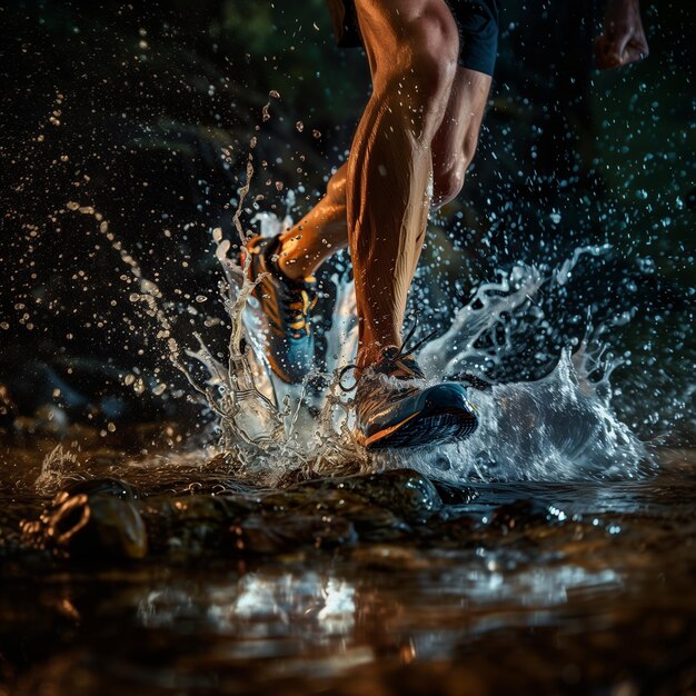 Correr por senderos y corredor atleta salpicando en el agua vista de zapatillas de deporte