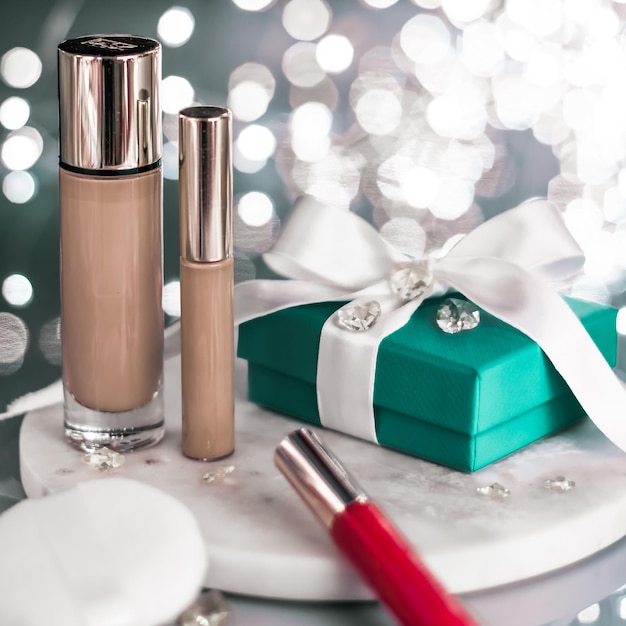 Corretivo base de base de maquiagem de férias e caixa de presente verde cosméticos de luxo presentes e produtos de etiqueta em branco para design de marca de beleza