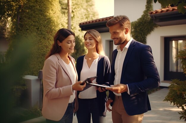 Corretora de imóveis profissional mostrando a localização de uma propriedade interessante para um jovem casal de sucesso Corretora de imóveis feminina com tablet caminhando com a família até a casa Novos proprietários em câmera lenta