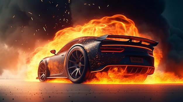 Corrida de carros esportivos de renderização 3D na pista de corrida com a roda do carro queimando fogo à deriva Generative Ai