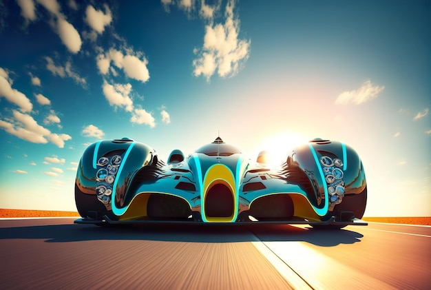 Foto corrida de carros esportivos futuristas em um brilhante céu azul generativo ai