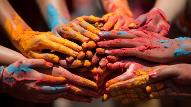 Foto corrida de cores todos entusiasmados manchados com cores depois de correr a mesma corrida de um quilômetro