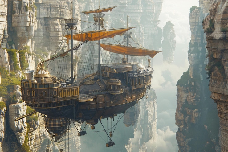 Foto corrida de dirigíveis steampunk através de um desfiladeiro de flutuantes