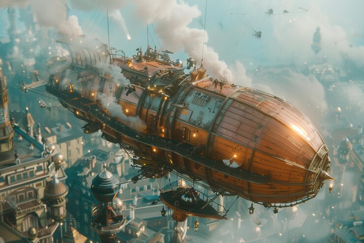 Foto corrida de dirigíveis steampunk com personagens diversos