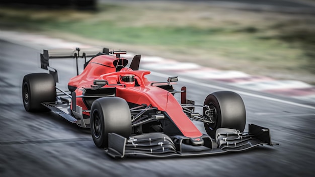 Corrida de equipe competitiva de esportes motorizados Carro de corrida genérico em movimento rápido correndo pela pista com desfoque de movimento renderização de ilustração 3d