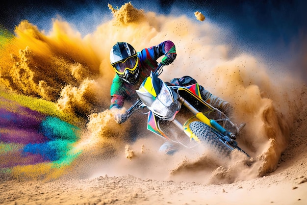 Corrida de motocicleta em areia colorida atleta piloto ai generative