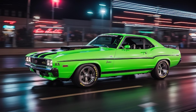 Corrida de muscle car clássico americano verde