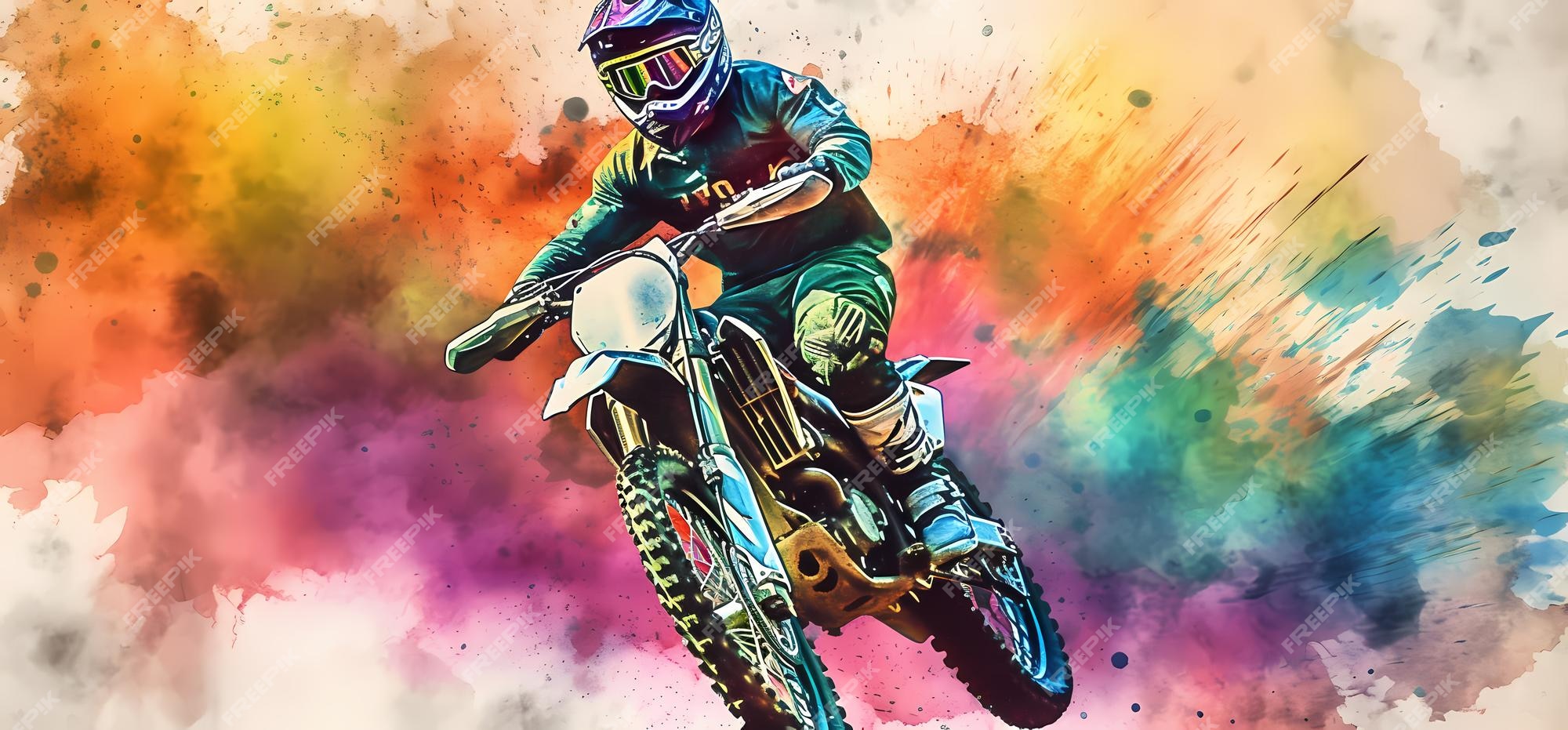 Corrida de piloto de motocross em aquarela