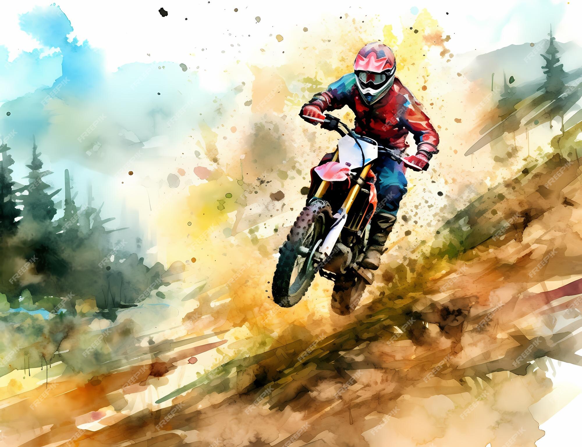 Corrida de piloto de motocross em aquarela