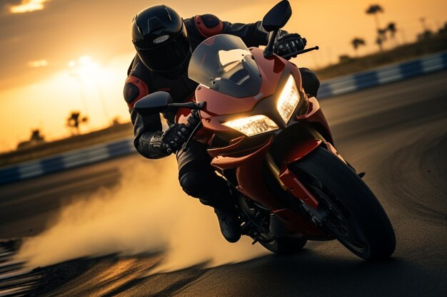 Foto corrida de ritmo rápido motociclista em bicicleta esportiva ao pôr do sol