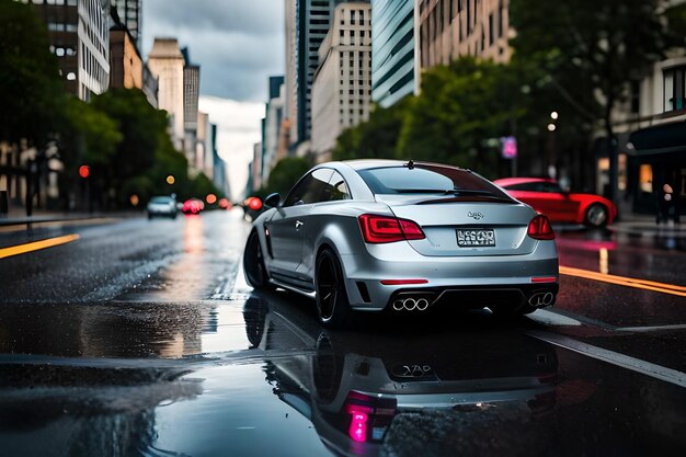 Foto corrida de supercarros urbanos asfalto molhado