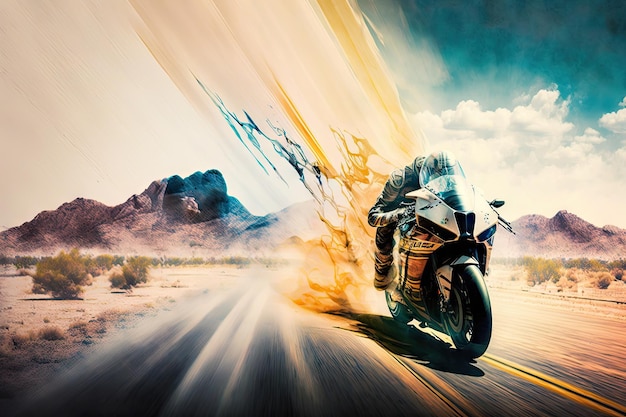 Foto corrida de velocidade da motocicleta na estrada com exposição dupla ao fundo do deserto