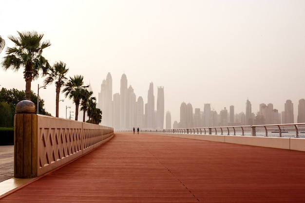 Corrida matinal, um homem e uma mulher correm pela estrada com uma bela vista de dubai. emirados árabes unidos