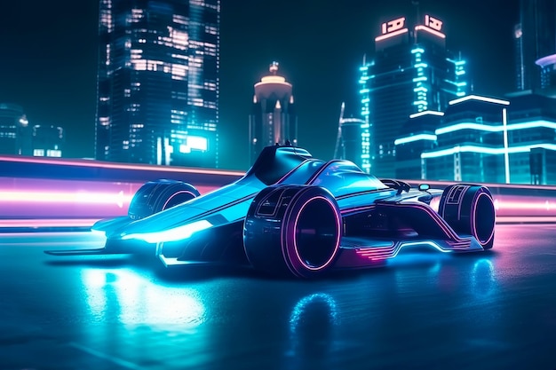 Corridas de carros de corrida futuristas na cidade noturna em alta velocidade com desfoque de movimento da trilha Ilustração generativa de IA