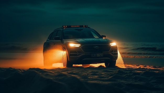 Corridas de carros esportivos fora de estrada através de paisagens de pôr-do-sol de fogo em estradas de terra geradas por IA