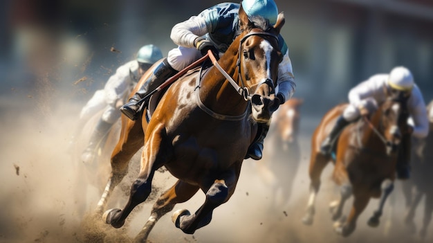 Corridas de cavalos Um garanhão galopa com um cavaleiro a cavalo