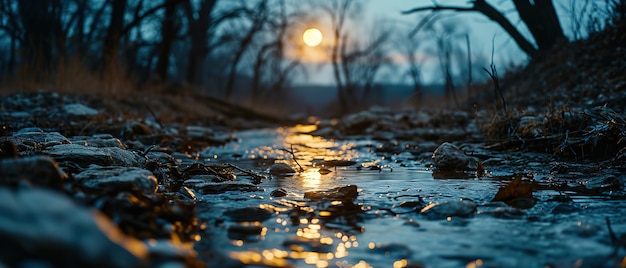 una corriente de agua que corre a través de un bosque por la noche