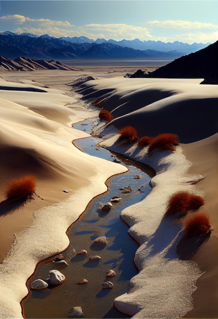 Corriente de agua que corre a través de un desierto generativo ai