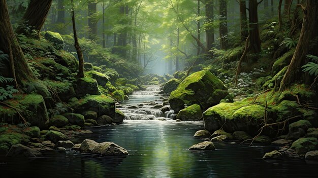 La corriente del bosque sus aguas cristalinas que reflejan la tranquila belleza de la naturaleza la corriente clara el agua prístina el ambiente sereno la tranquilidad natural generada por la IA