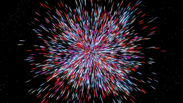 Corriente colorida en movimiento desde un punto de movimiento, flujo colorido explosivo con dispersión de partículas d y flujo