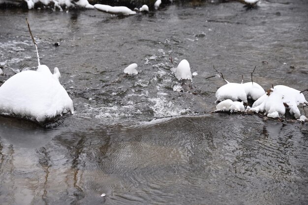 Corriente de invierno en el agua fría de la nieve