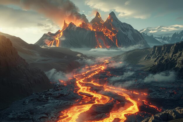 Foto corriente de lava derretida caliente corriente de erupción de volcán corriente de magma hirviendo caliente superficie de otro planeta de venus