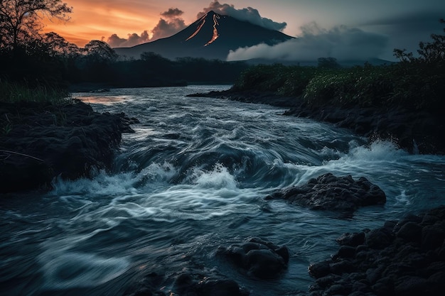 Una corriente de lava de un volcán desemboca en un río