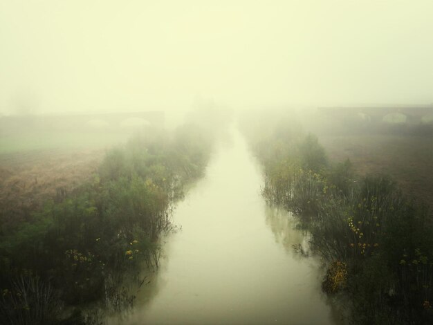 Corriente en medio del campo contra el cielo despejado en tiempo de niebla