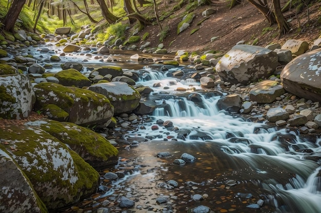 Corriente que fluye sobre las rocas en la zona de picnic de Somersby Falls en una IA generada por el sol