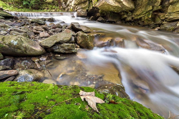 Corriente de río que fluye rápidamente con agua suave y sedosa que cae de grandes piedras en hermosas cascadas en un día soleado de verano.