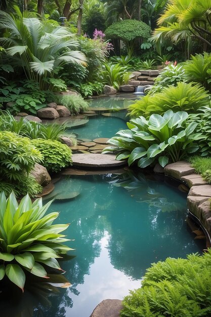 Las corrientes de agua prístina en un jardín exuberante