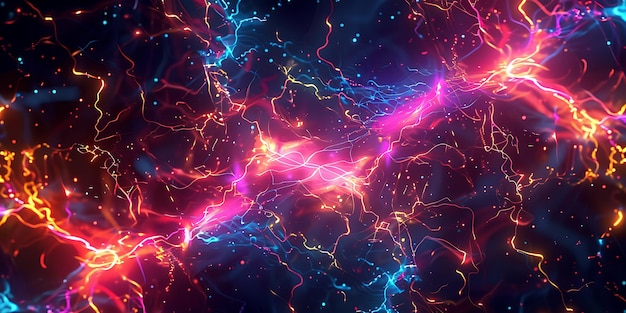 Corrientes eléctricas brillantes que forman patrones intersectantes en un fondo oscuro lleno de energía vibrante y dinámica