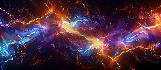 Corrientes eléctricas energéticas que forman patrones brillantes abstractos en un lienzo oscuro que se cruzan con pulsos vibrantes