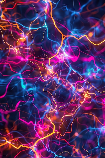 Corrientes eléctricas pulsantes que forman patrones abstractos de intersección en un fondo oscuro lleno de energía vibrante