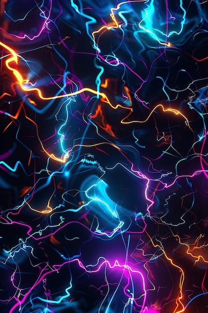 Corrientes eléctricas pulsantes que forman patrones abstractos de intersección en un fondo oscuro lleno de energía vibrante