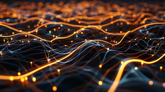 Corrientes eléctricas que crean intrincadas líneas brillantes que fluyen e se cruzan sobre un fondo oscuro