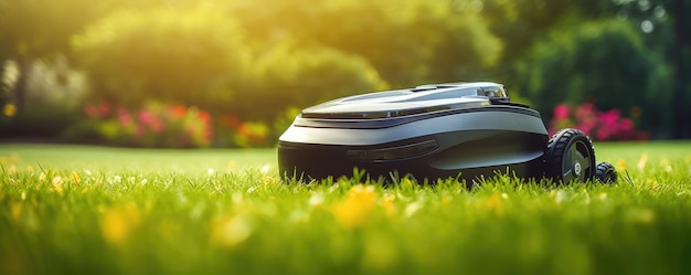 Cortacésped robot sobre hierba verde en el panorama del jardín del pueblo Ai generativo