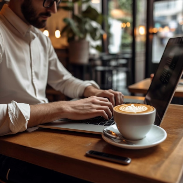 Cortada a imagem de um homem trabalhando com laptop e tomando café no café