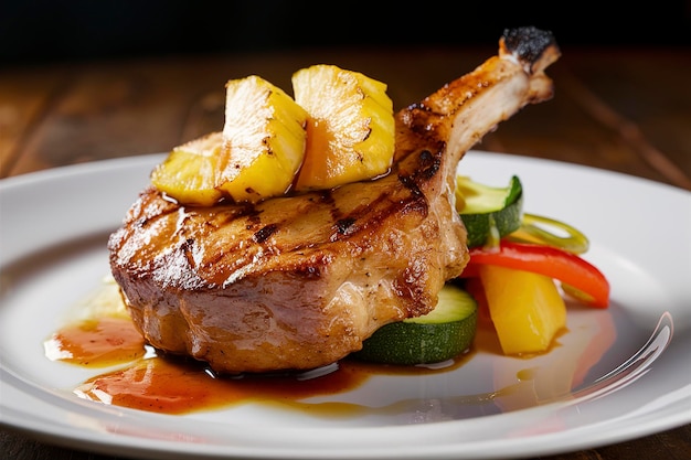 Cortada de cerdo a la parrilla con piña en un plato